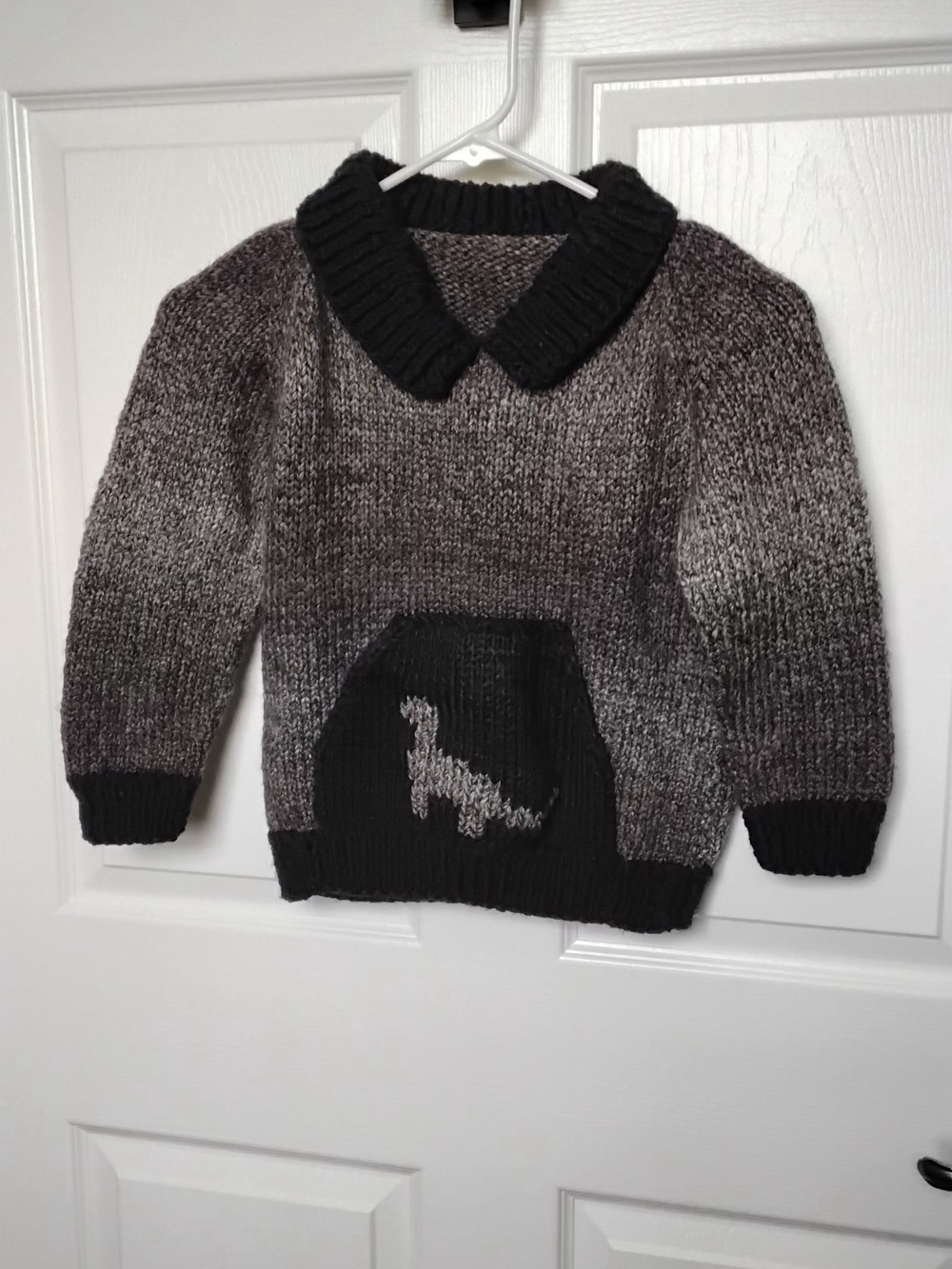 Kids Gray & Black HAND KNIT Sweater with‎ Dinosaur Pocket